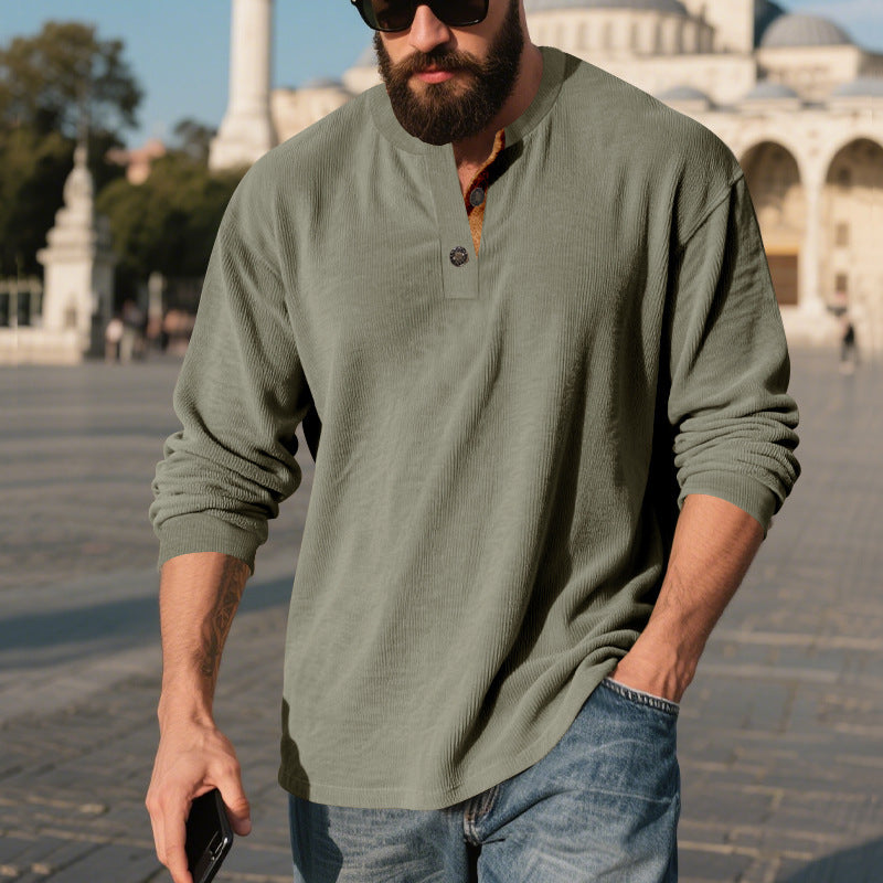 Men's long-sleeve shirt with textured ribbed look and fashionable button placket detail Lisslune