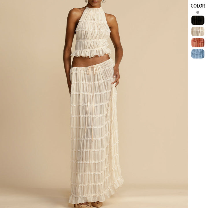 Women's Elegant and Playful Two-Piece Summer Dress with Ruffled Top and Flowing Skirt