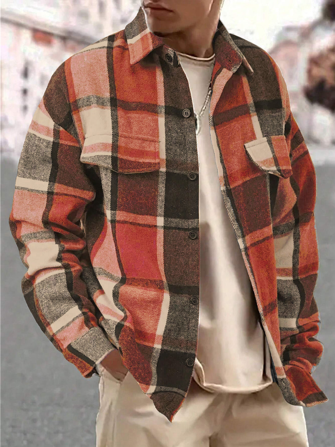 Men's Checkered Flannel Jacket with Two Chest Pockets and Modern Cut Lisslune