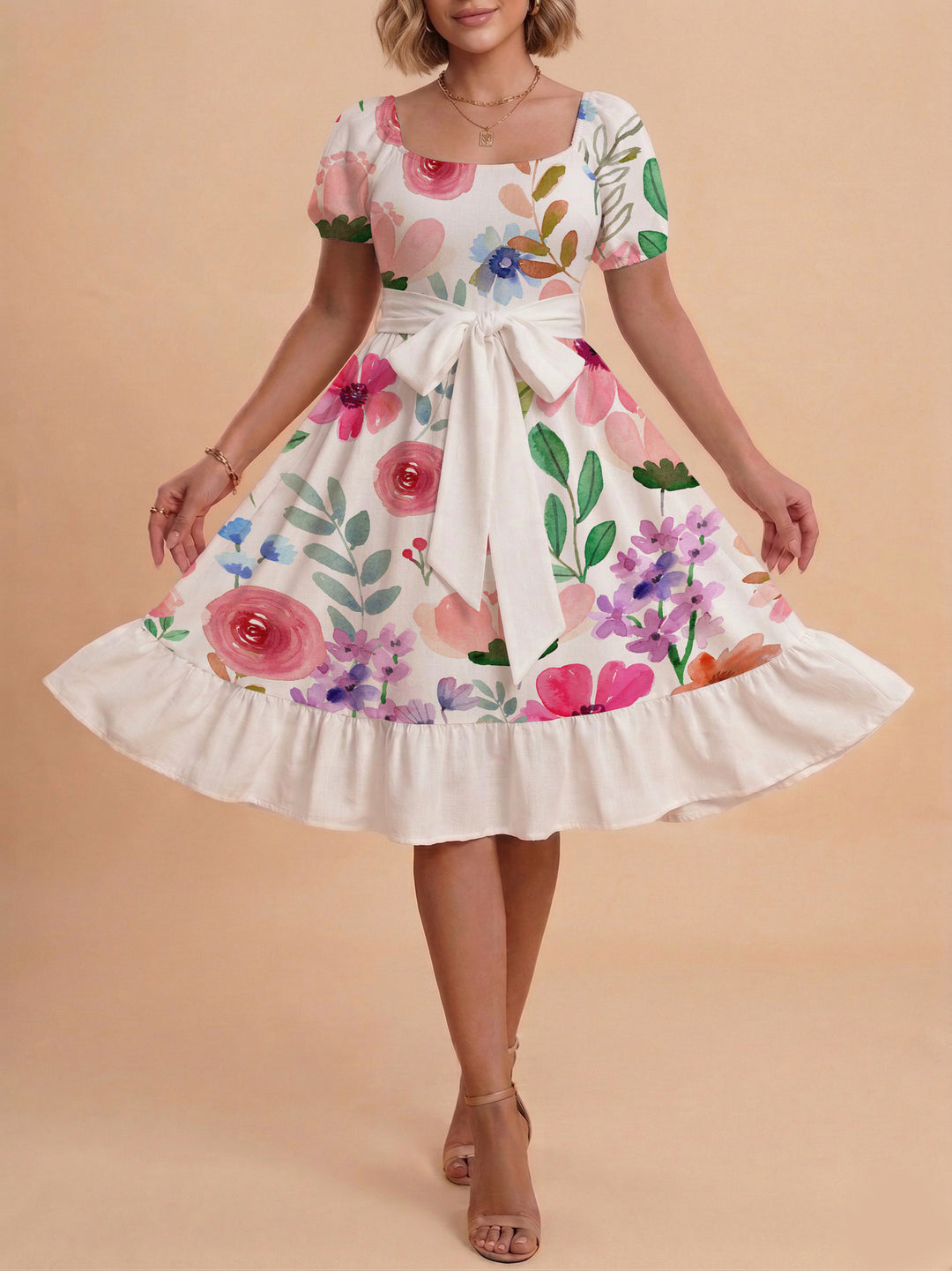 Women's elegant maxi dress with floral design and waist belt Lisslune