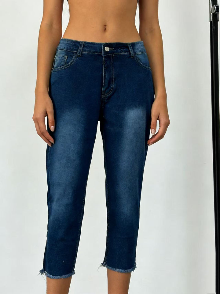 Women's casual high-waist jeans with frayed hem and trendy cut Lisslune