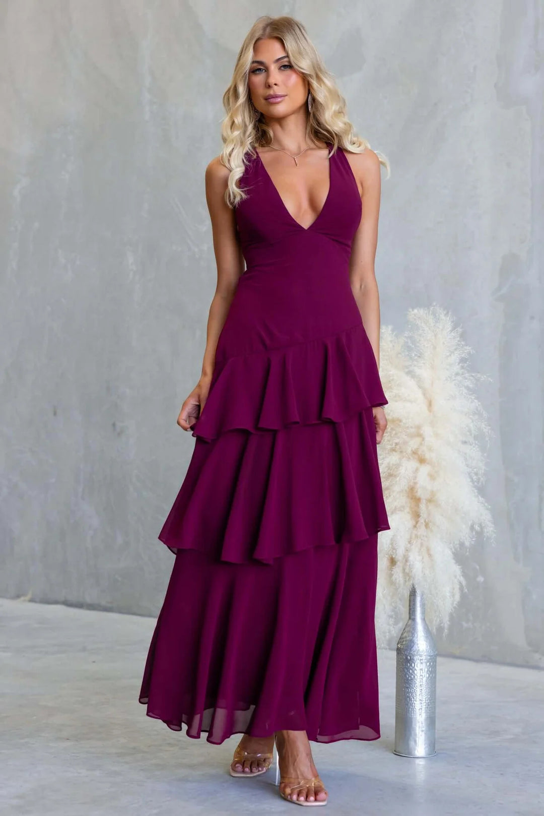 Women's maxi dress with seductive ruffle layers and deep V-neck