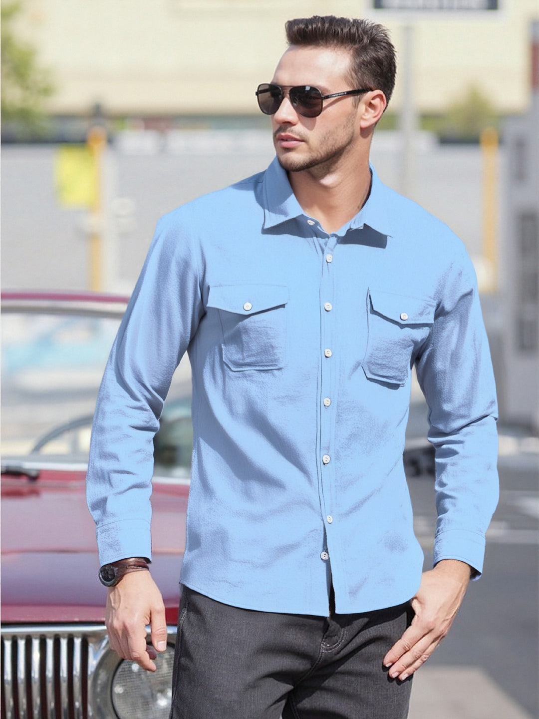 Men's Casual Long Sleeve Shirt with Practical Chest Pockets and Modern Cut Lisslune