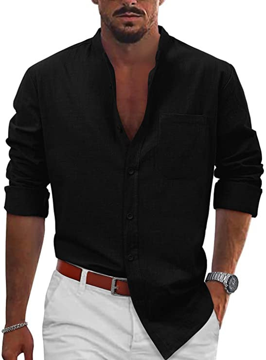 Men's casual linen shirt with classic V-neck and chest pocket Lisslune