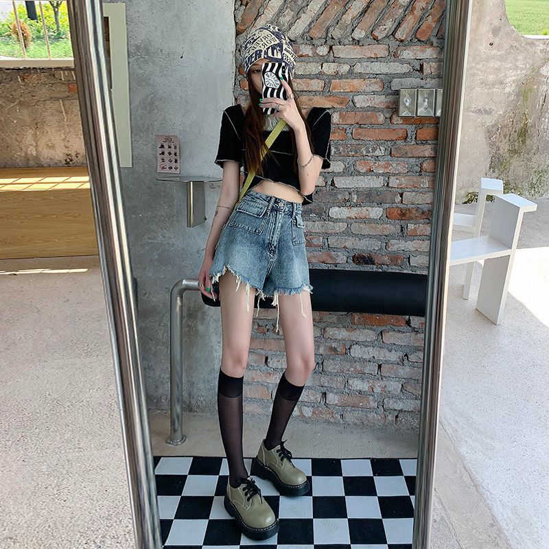 Women's denim shorts with frayed hems and unique embroidery detail Lisslune
