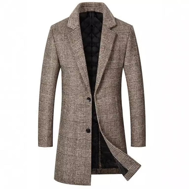 Men's Long Cut Wool Coat with Check Pattern Lisslune