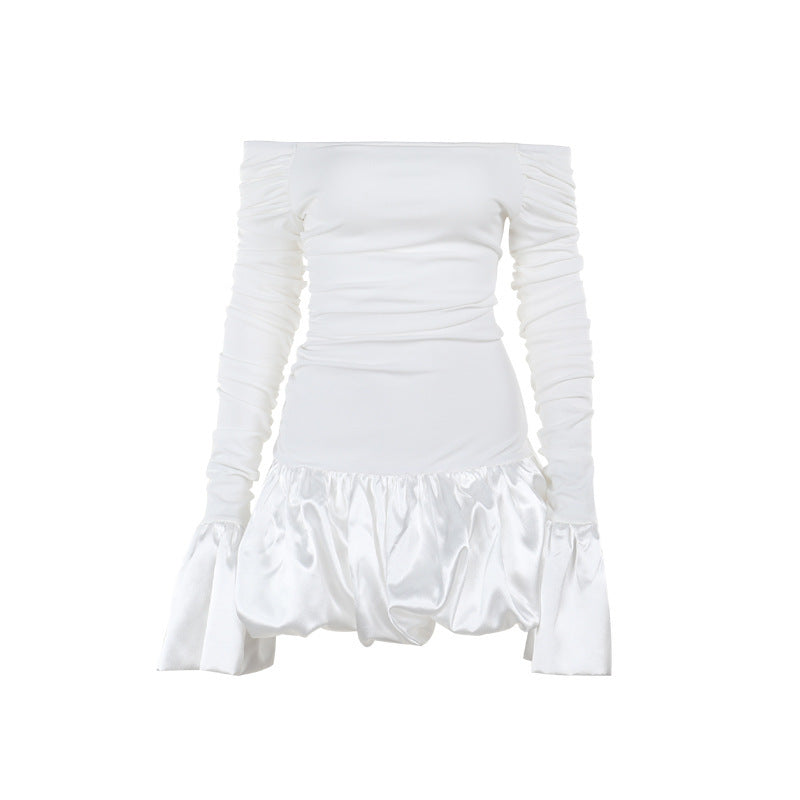 Women's off-shoulder mini dress with asymmetric ruffle details and transparent sleeves