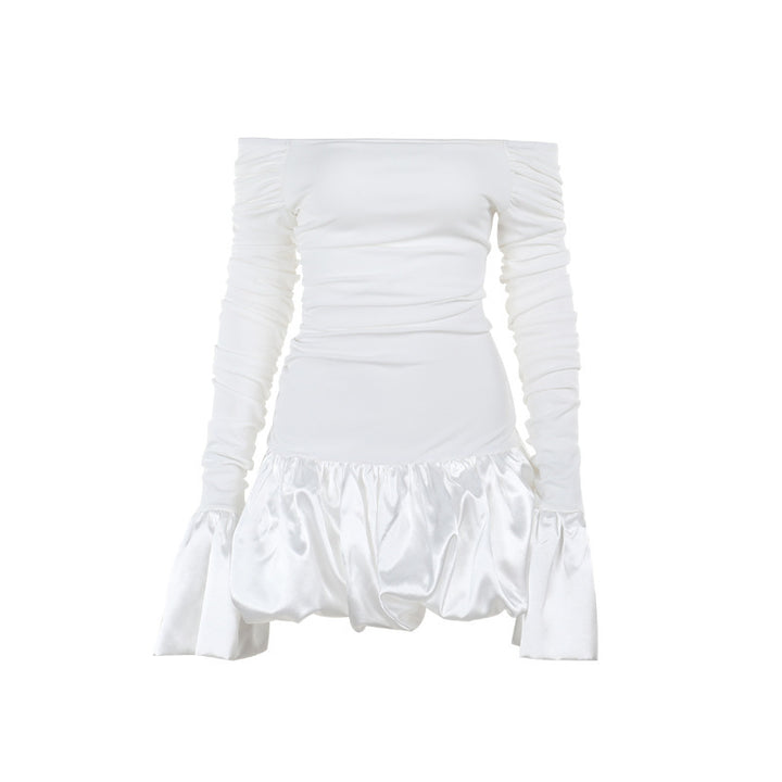 Women's off-shoulder mini dress with asymmetric ruffle details and transparent sleeves