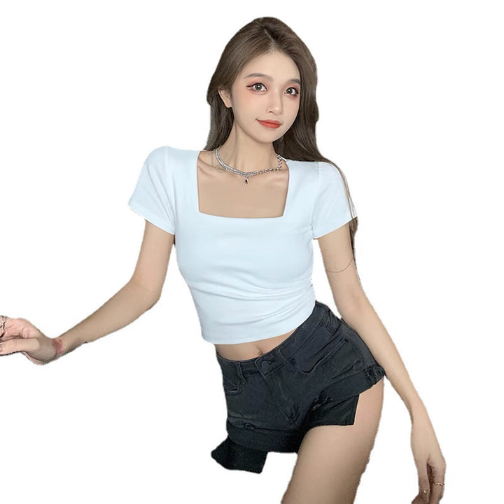 Women Cropped T-Shirt with modern square neckline and fitted cut