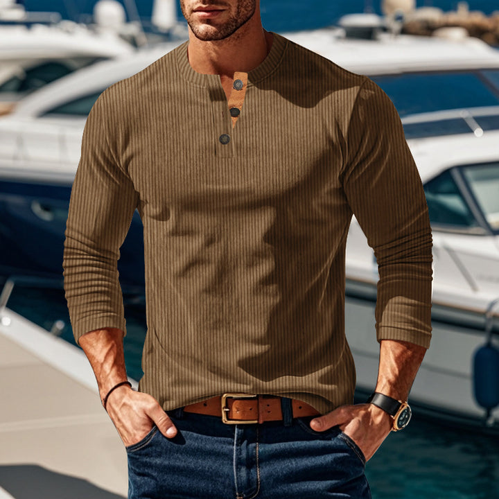 Men's long sleeve shirt with textured stand-up collar and practical button details Lisslune
