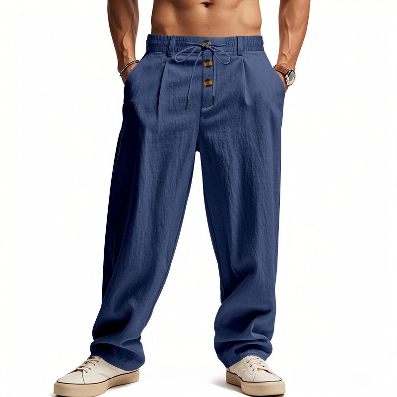 Men's casual loose-fitting leisure pants with elastic waistband and functional button details Lisslune