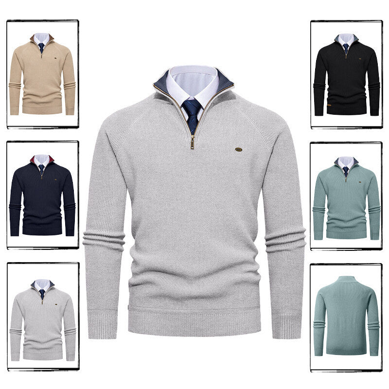 Men's Elegant Knit Sweater with Stand Collar and Zipper Lisslune