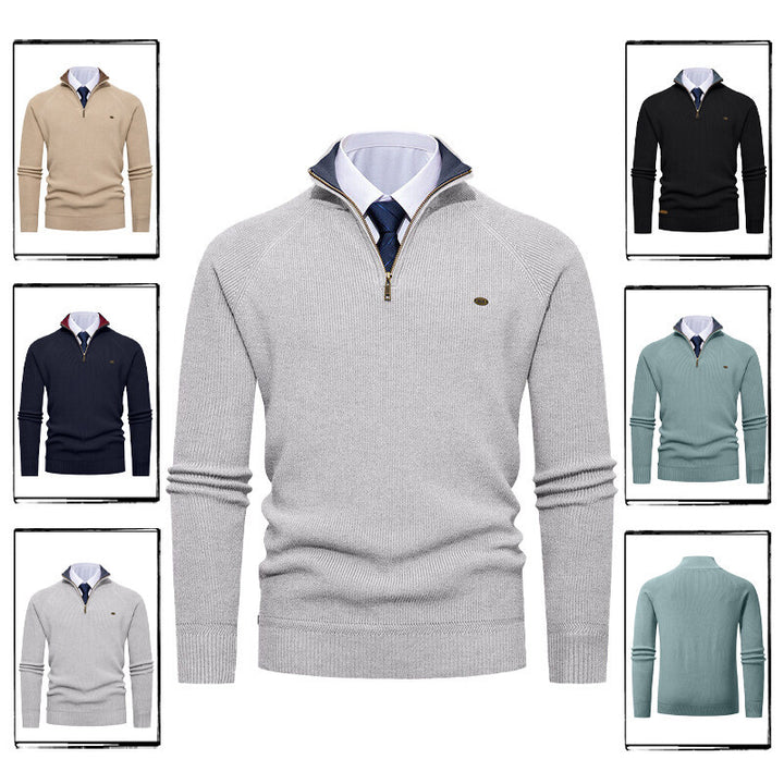 Men's Elegant Knit Sweater with Stand Collar and Zipper Lisslune