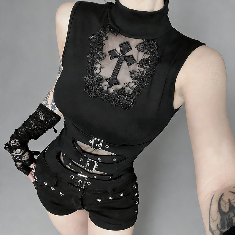 Women's Gothic body with decorative lace and cross design and fitted silhouette