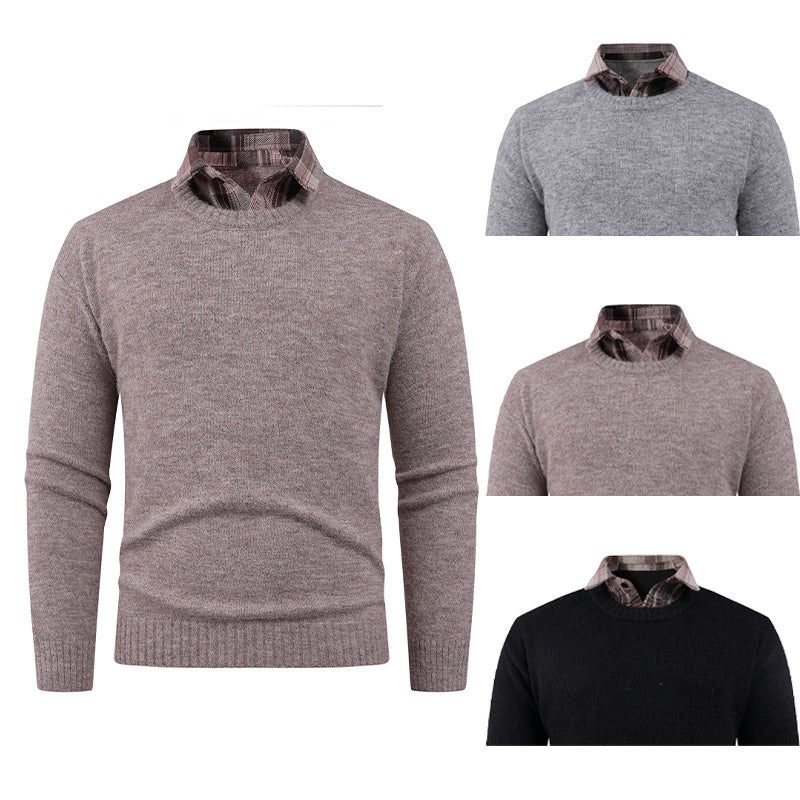 Men's Fine Crew Neck Sweater with Integrated Shirt Collar Lisslune