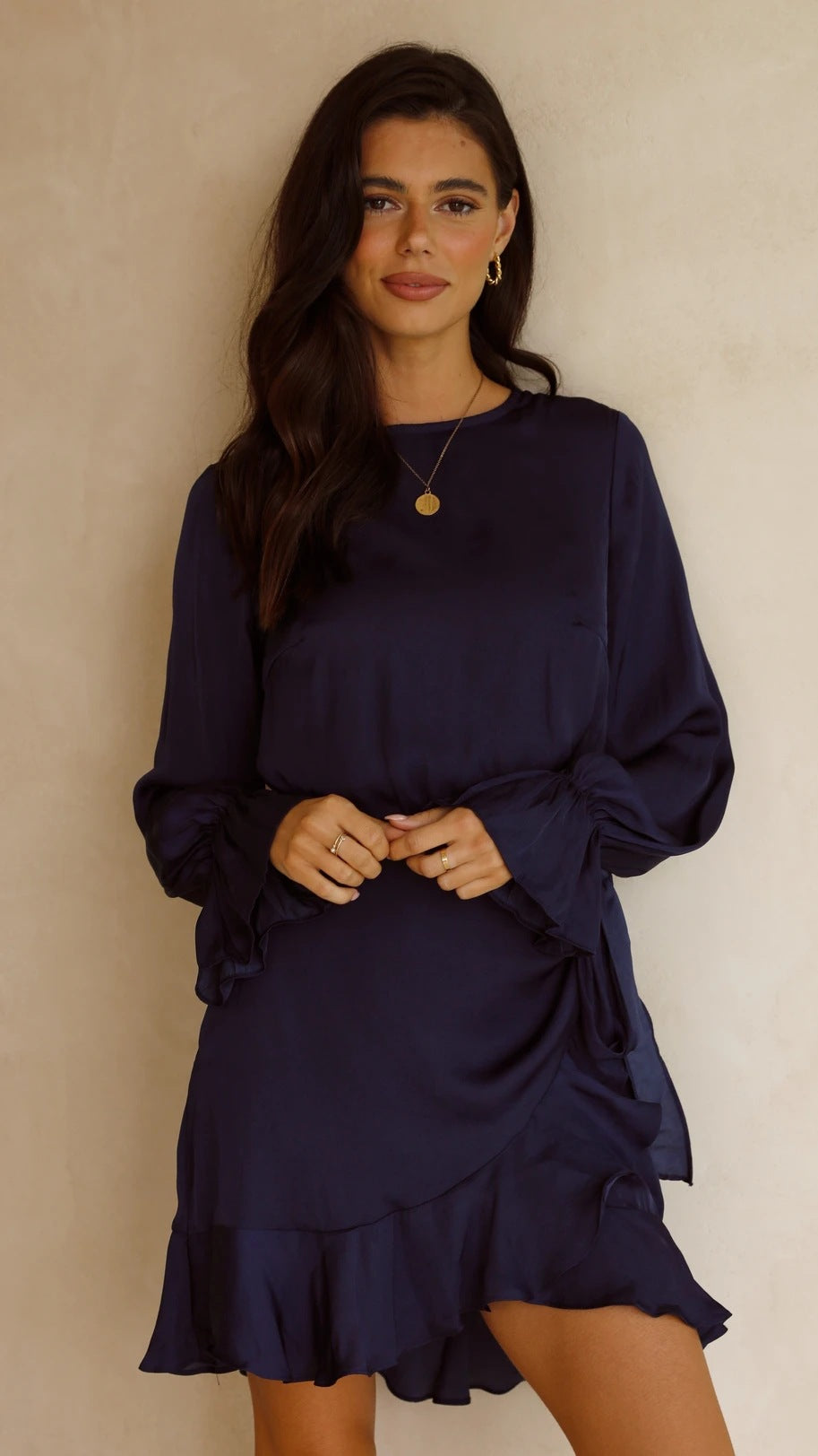 Women's wrap dress with swinging ruffle sleeves and elegant waist tie Lune London