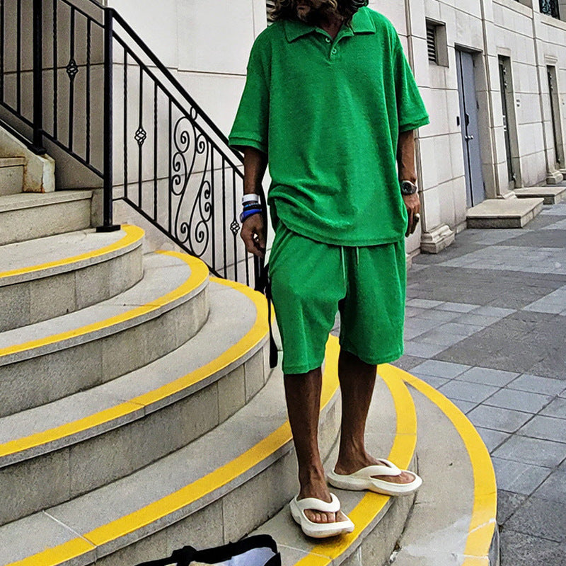 Men's casual oversized t-shirt and shorts combination with button placket and practical pockets Lisslune