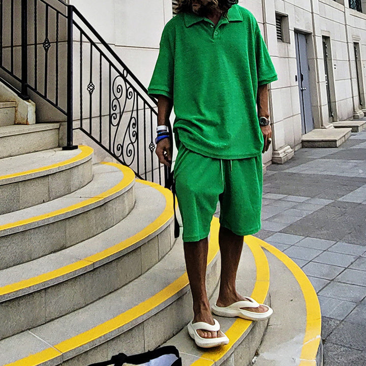 Men's casual oversized t-shirt and shorts combination with button placket and practical pockets Lisslune