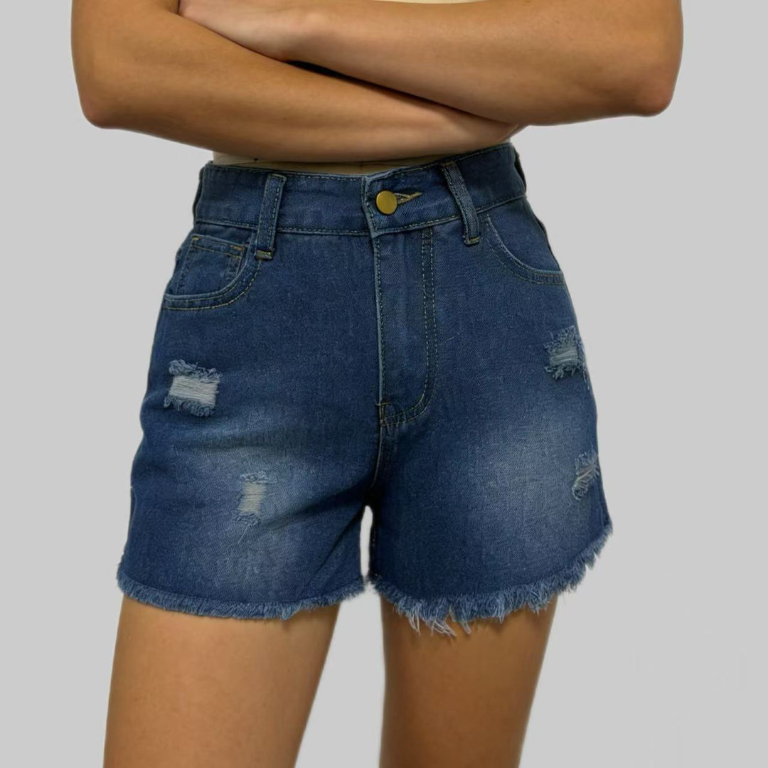 Women's Designer Denim Shorts with Fringing and Frayed Hem Lisslune