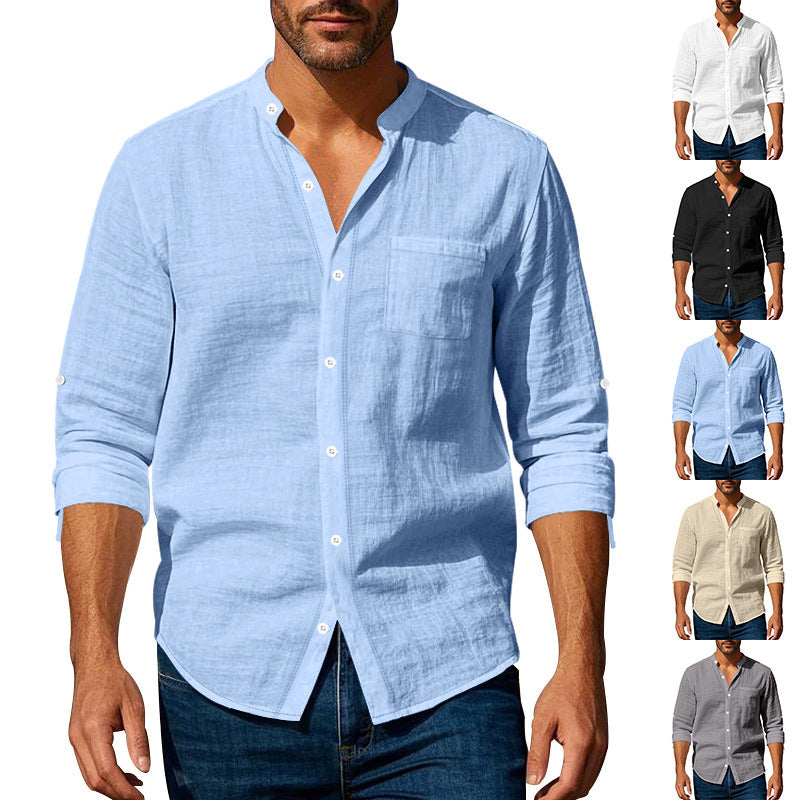 Men's casual long-sleeve shirt with modern stand-up collar and practical chest pockets Lisslune
