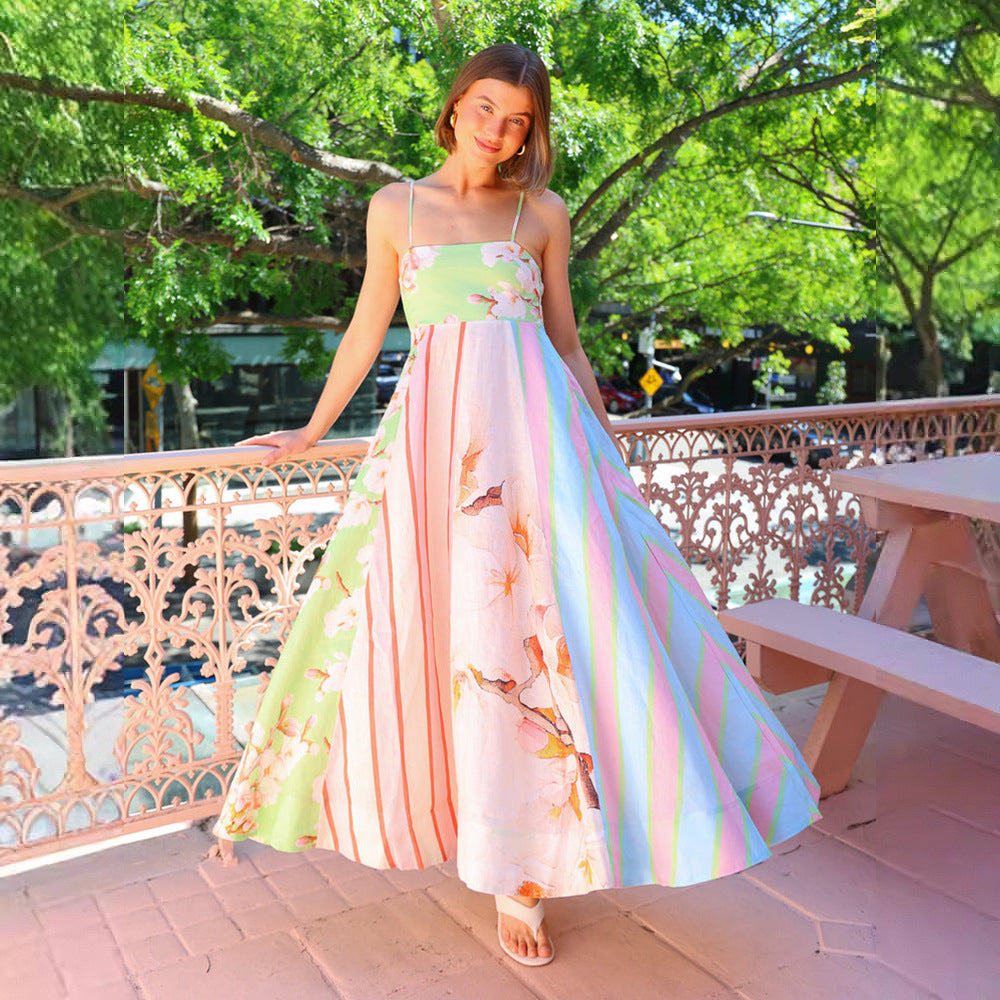Women's maxi dress with multicolored floral design and stylish striped look