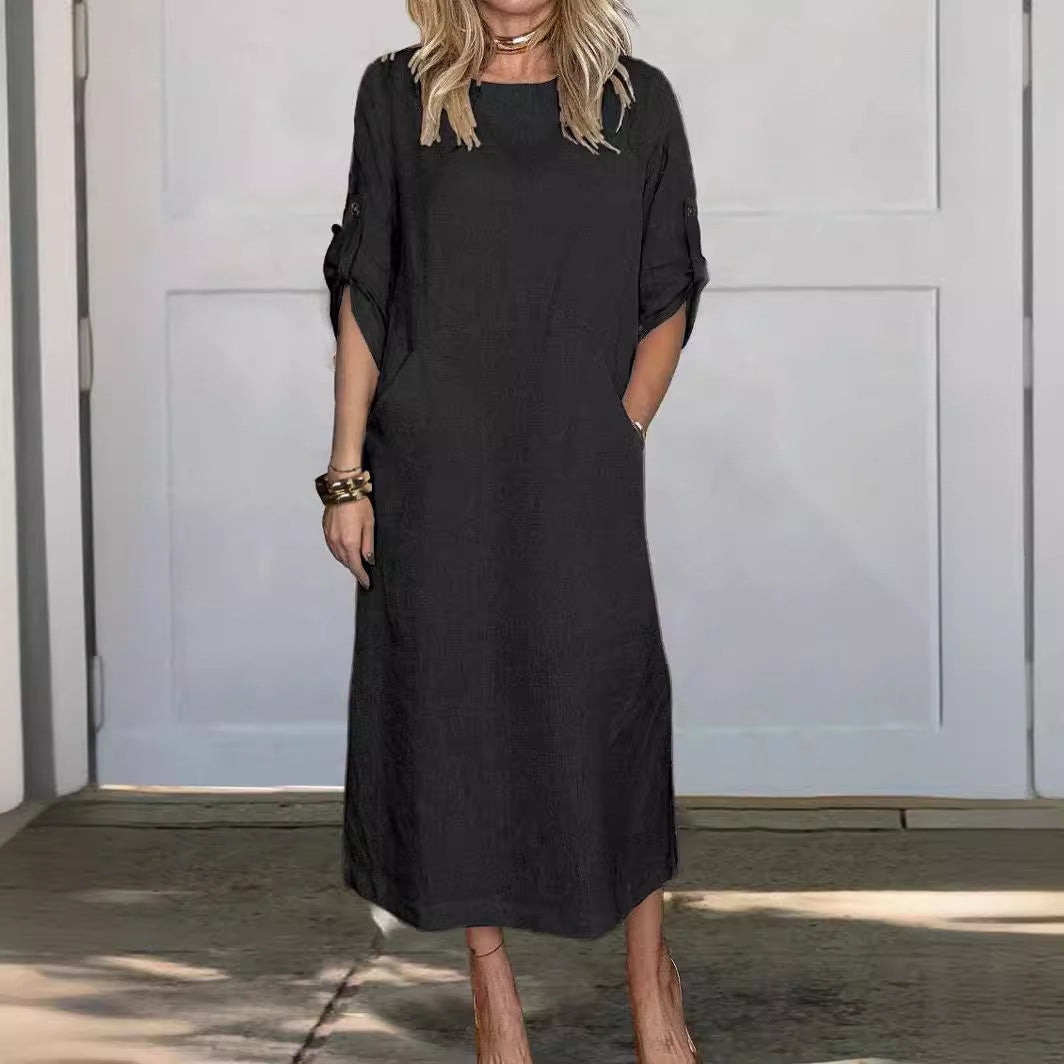 Women Casual Linen Midi Dress with Side Pockets and Roll-Up Sleeves Lisslune
