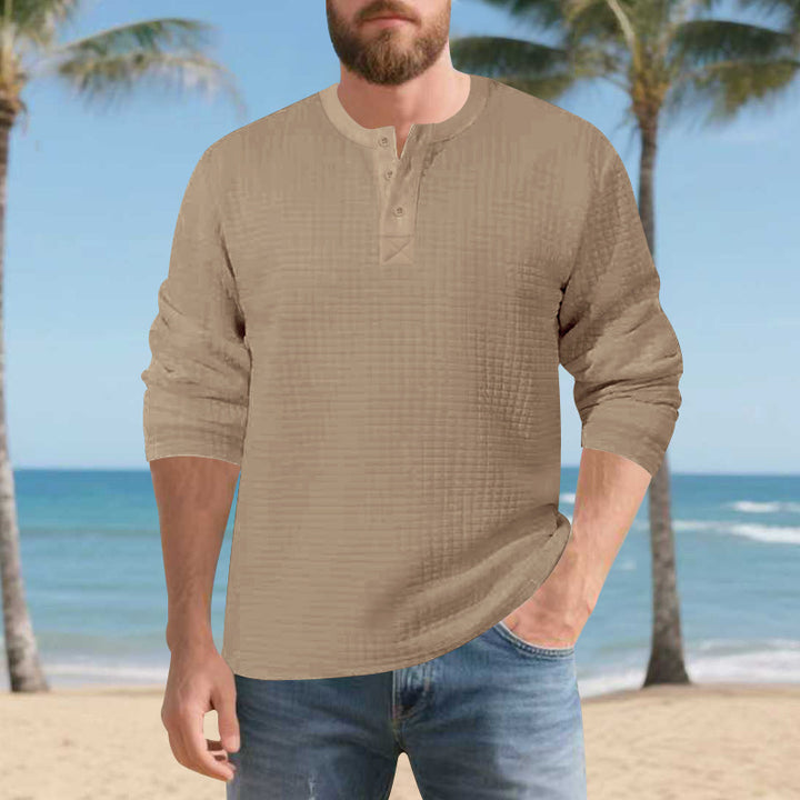 Men's Long Sleeve Henley Shirt made of comfortable waffle material with button placket Lisslune