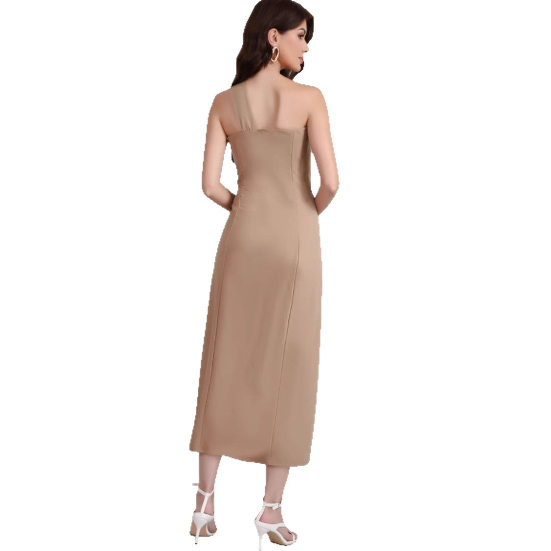 Women's elegant off-the-shoulder maxi dress with decorative detail