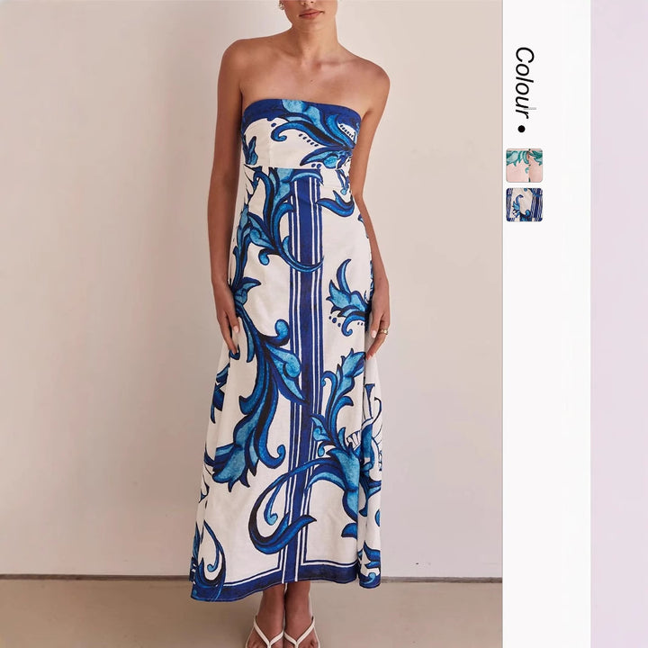 Women’s Strapless Maxi Dress with Floral Design and Elegant A-Line Cut