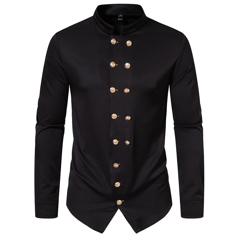 Men's Long Sleeve Shirt with Traditional Stand Collar and Decorative Buttons Lisslune