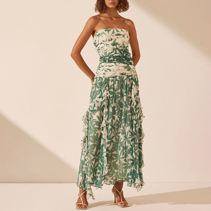 Women's off-shoulder maxi dress with ruffle details and floral pattern Lisslune