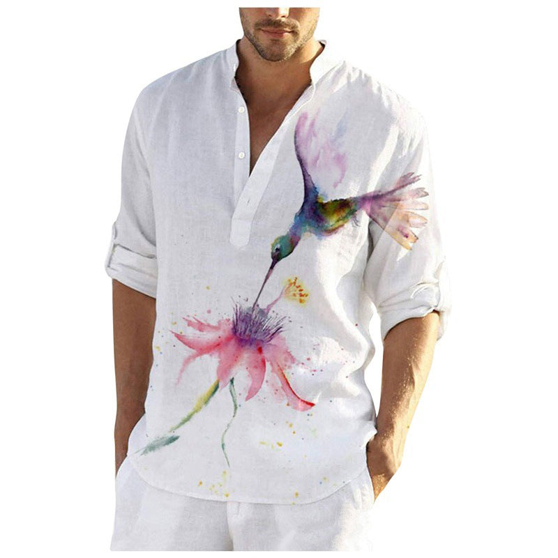 Men's linen shirt with unique feather design and button-down collar Lisslune