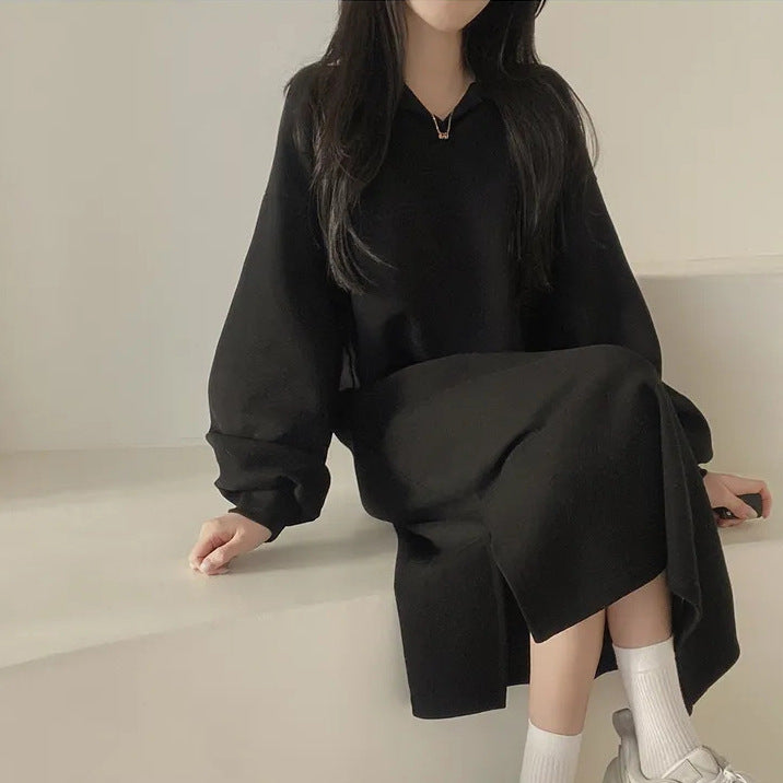 Women elegant hoodie dress with casual puff sleeves and side slit