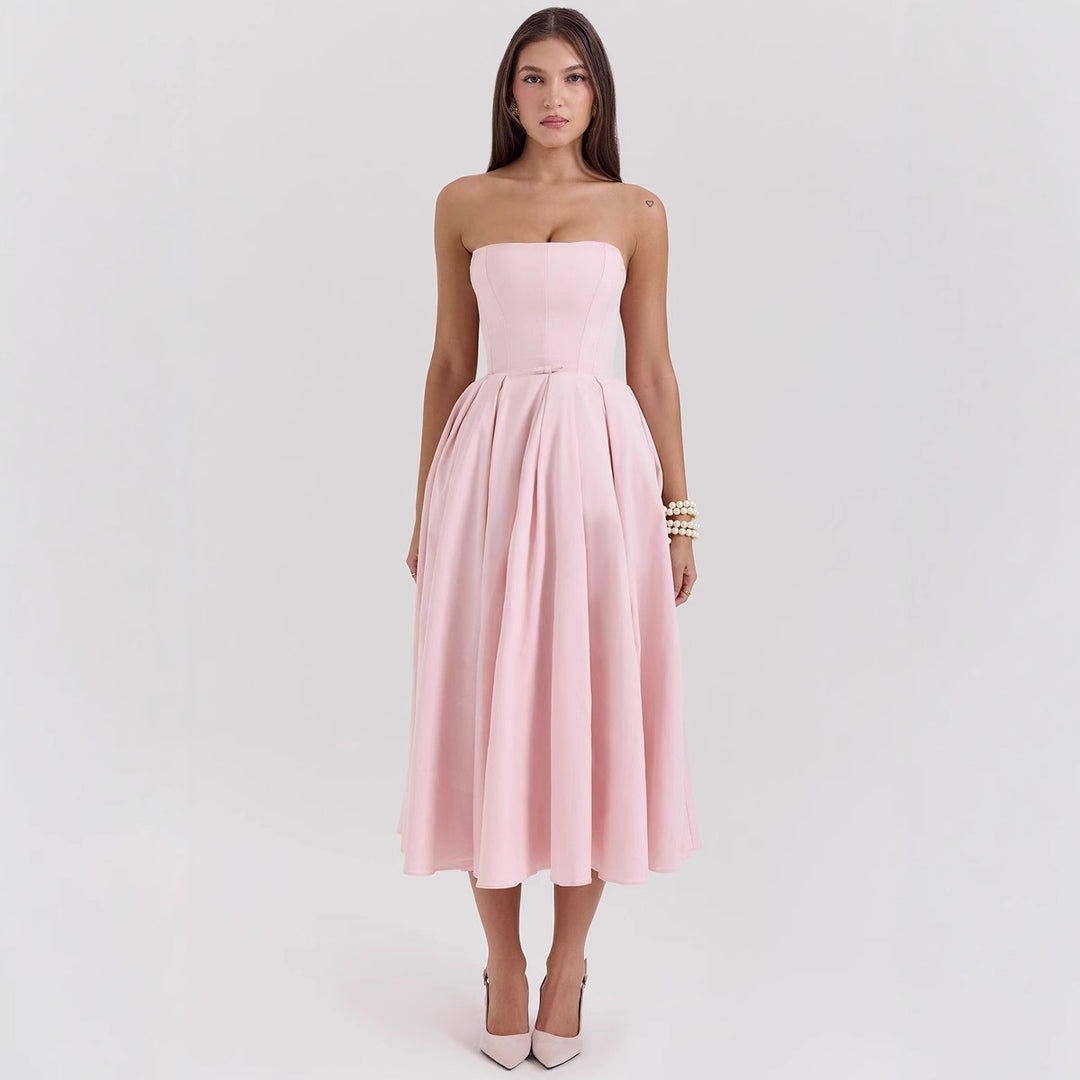 Women’s Waist-Reducing Midi Dress with Off-Shoulder Design and Elegant Pleated Structure