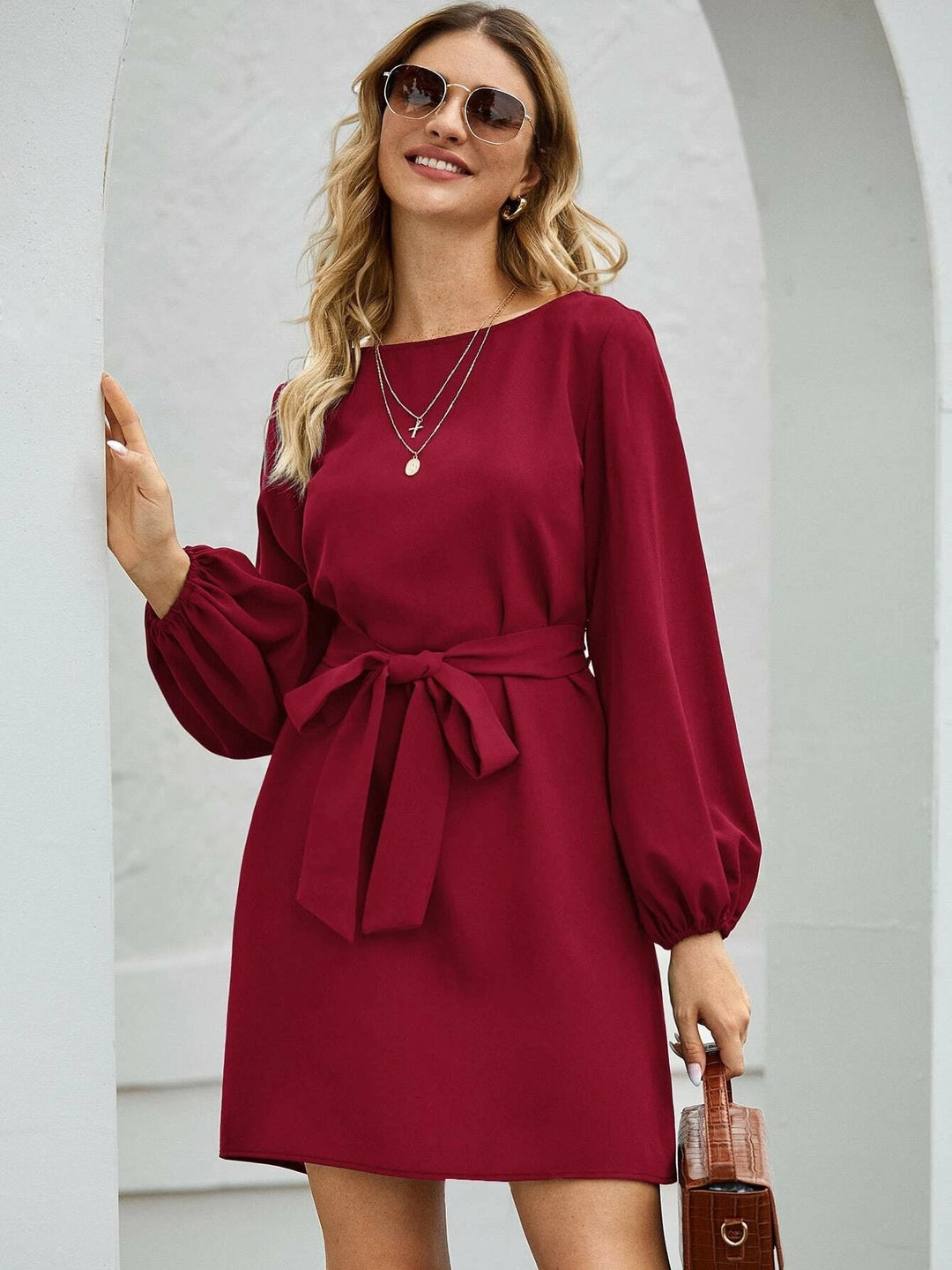 Damen Elegantes Kleid mit Ballonärmeln und Taillengürtel Lisslune