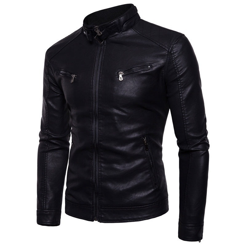 Men's stylish leather jacket with modern stand-up collar and zippers Lisslune
