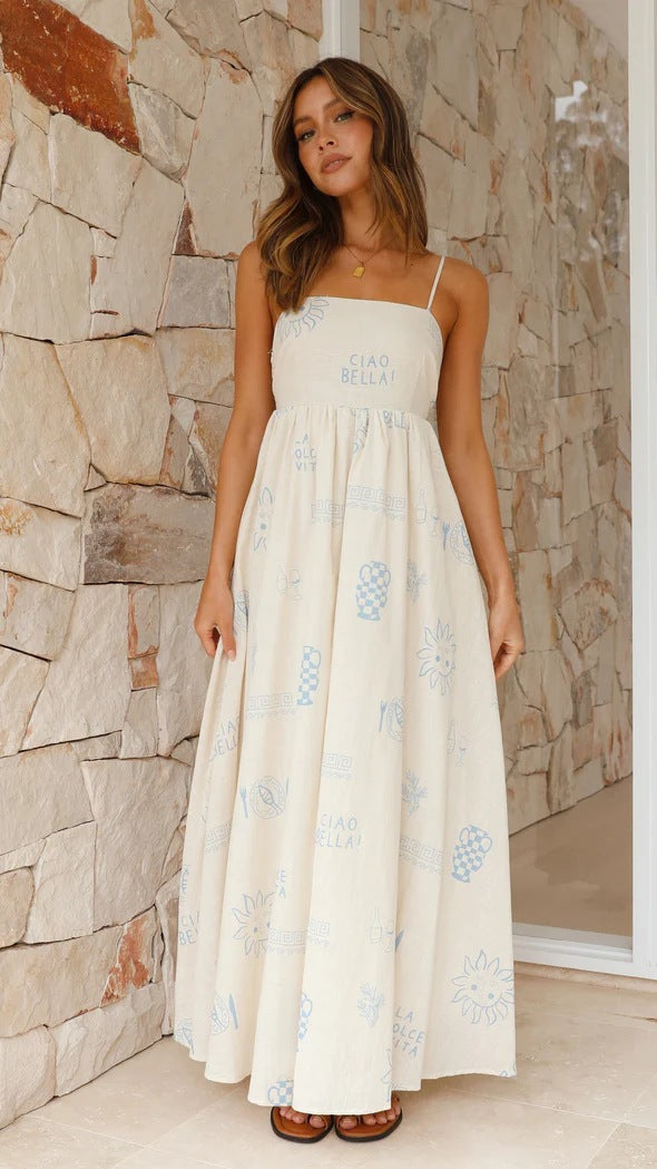 Women's maxi dress with smocked top and playful graphic design Lune London