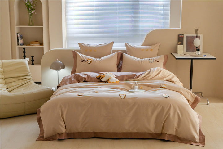 Rynx | Cute Cartoon Tiger Towel Embroidered Cotton Four-Piece Set 100 Long Staple Cotton Duvet Cover Bed Sheet Fitted Sheet Bedding Set