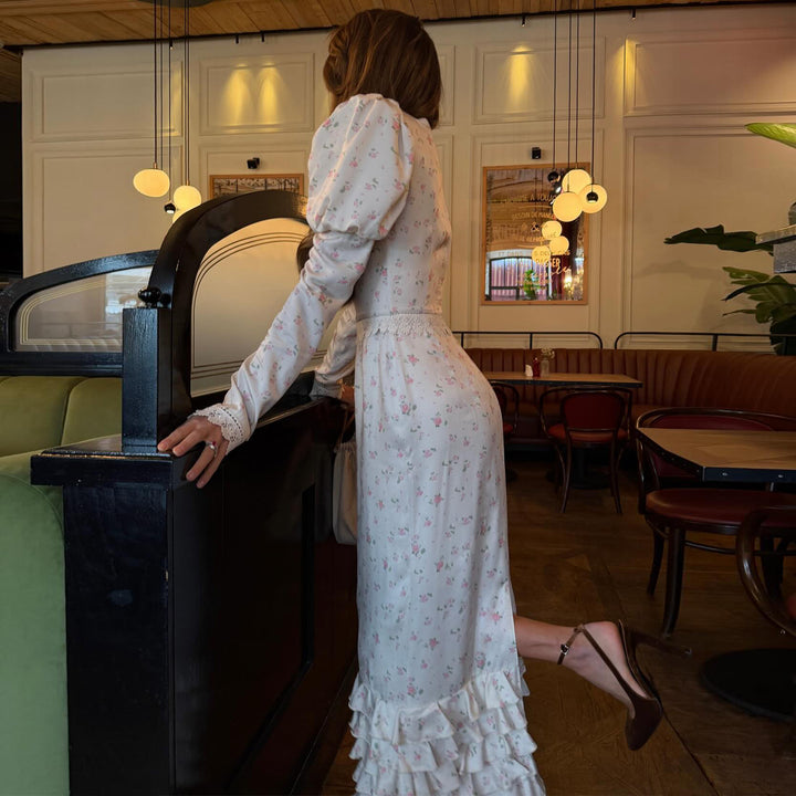 Women's Elegant Maxi Dress with Delicate Ruffle Sleeves and Floral Pattern Lisslune