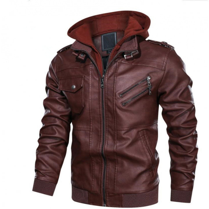 Men's leather jacket in modern biker style with removable hood Lisslune