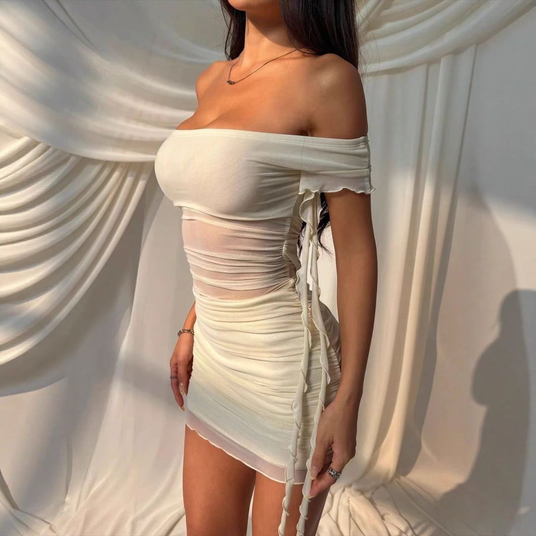 Damen Off-Shoulder Minikleid mit raffinierten Drapierungsdetails und verspielten Schnürungen Lisslune