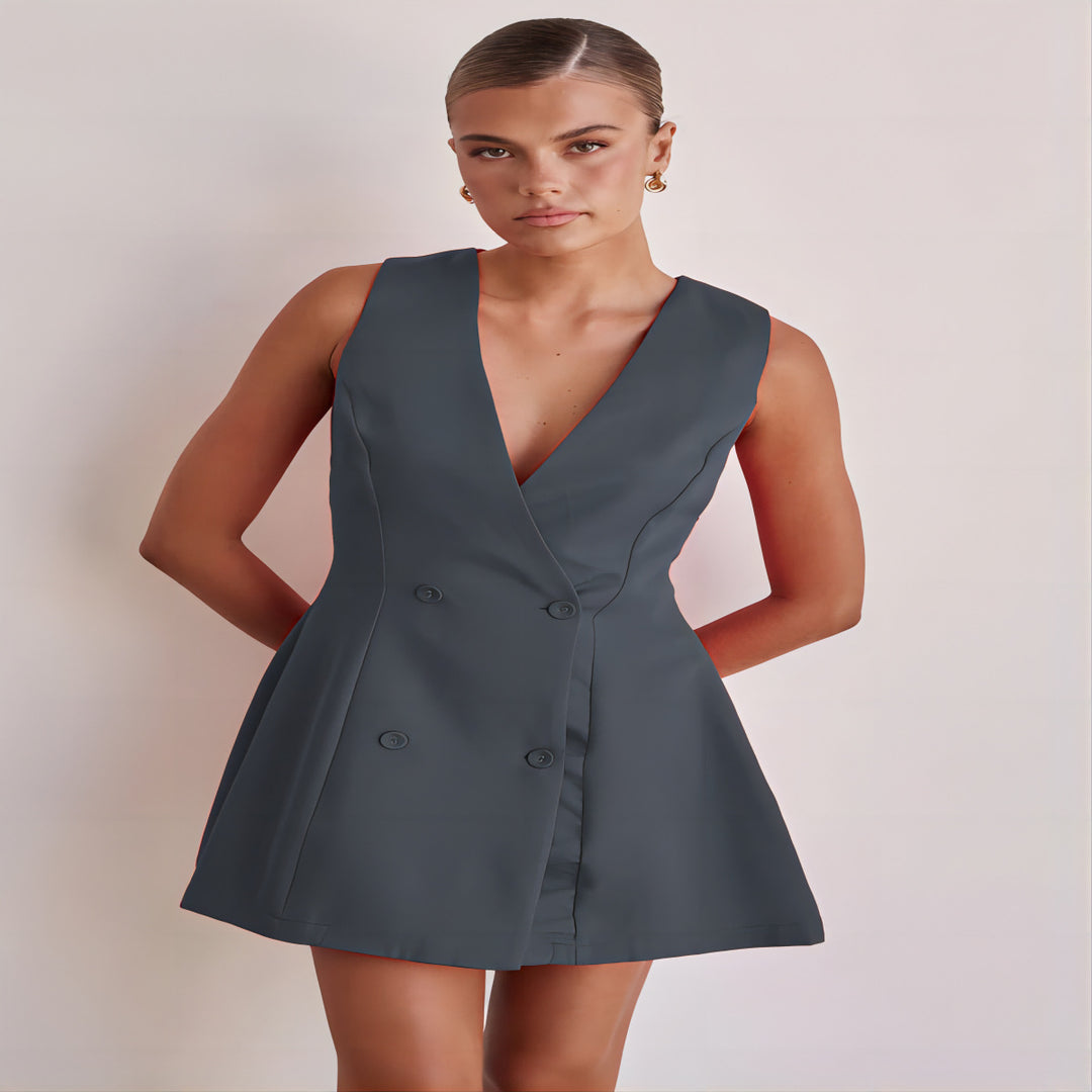 Women's reversible dress with deep V-neckline and double button placket Lune London