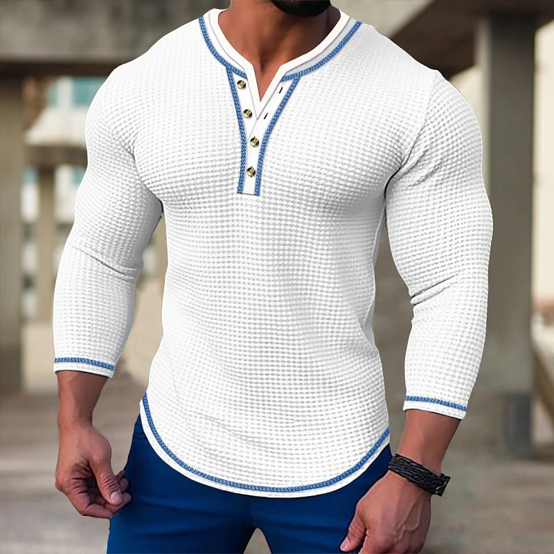 Men's fashionable long sleeve Henley shirt with textured design and button placket Lisslune