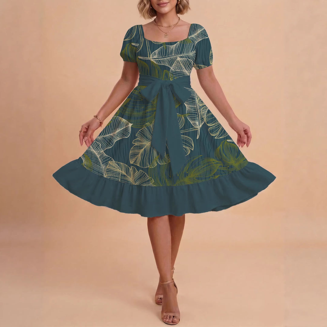 Women A-line dress with floral motifs and adjustable belt Lisslune
