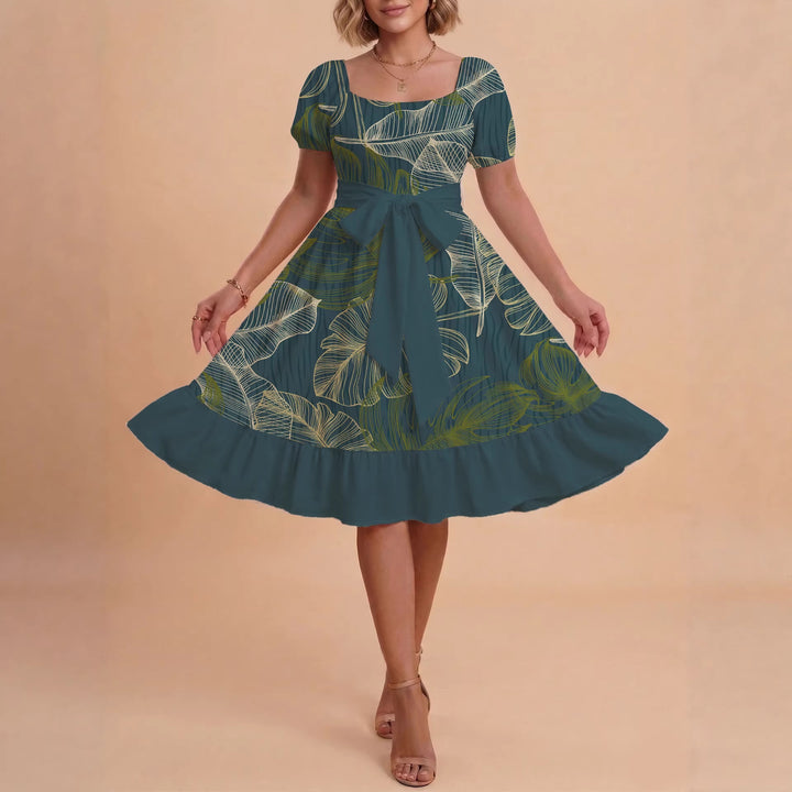 Women A-line dress with floral motifs and adjustable belt Lisslune