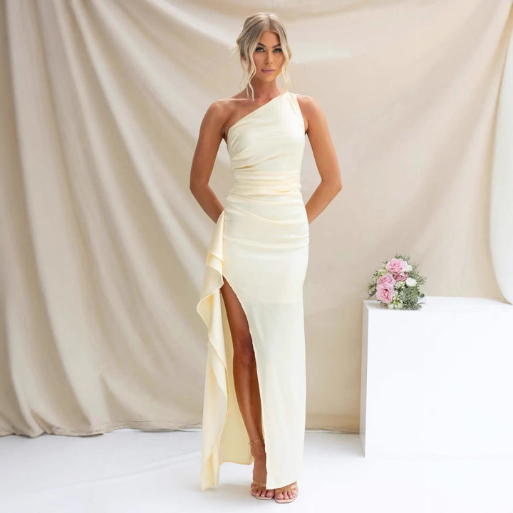 Women's One-Shoulder Maxi Dress with Side Slit and Elegant Draping