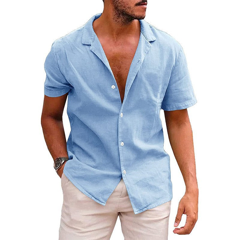 Men's short-sleeve shirt made of high-quality linen with stylish notch collar Lisslune