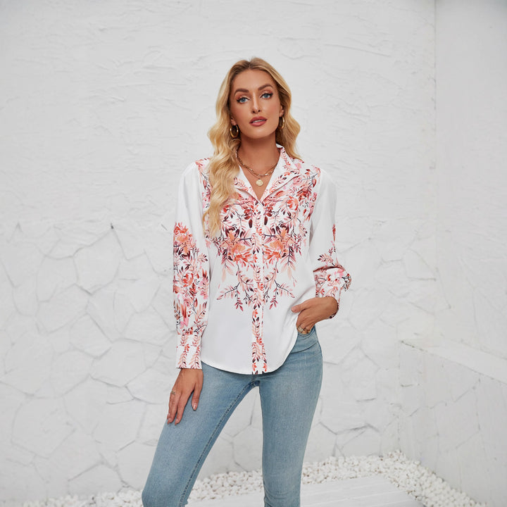 Women's Elegant Blouse with Floral Design and Voluminous Sleeves