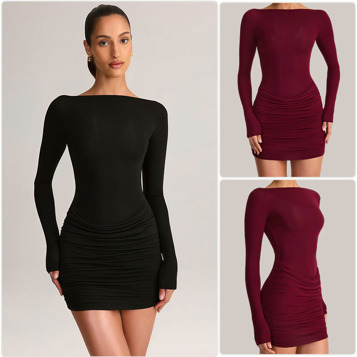 Women's figure-flattering mini dress with off-the-shoulder design and elegant draping