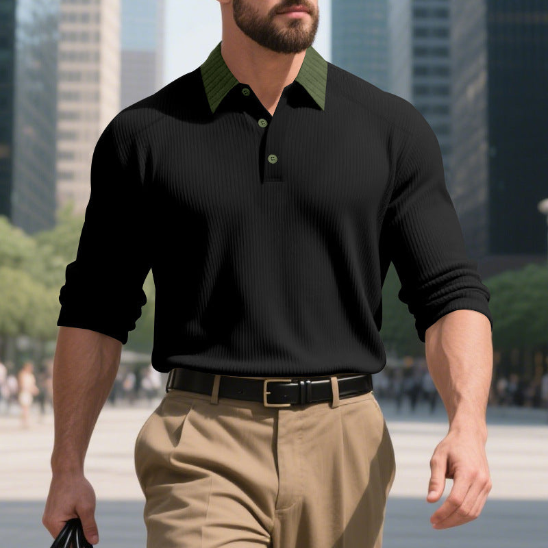 Men's long sleeve polo shirt with textured collar and decorative button closure Lisslune